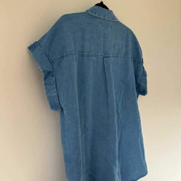 Lucky Brand Women Blue Chambray Denim Cap Sleeve Button Down Blouse Size Medium - Picture 7 of 10